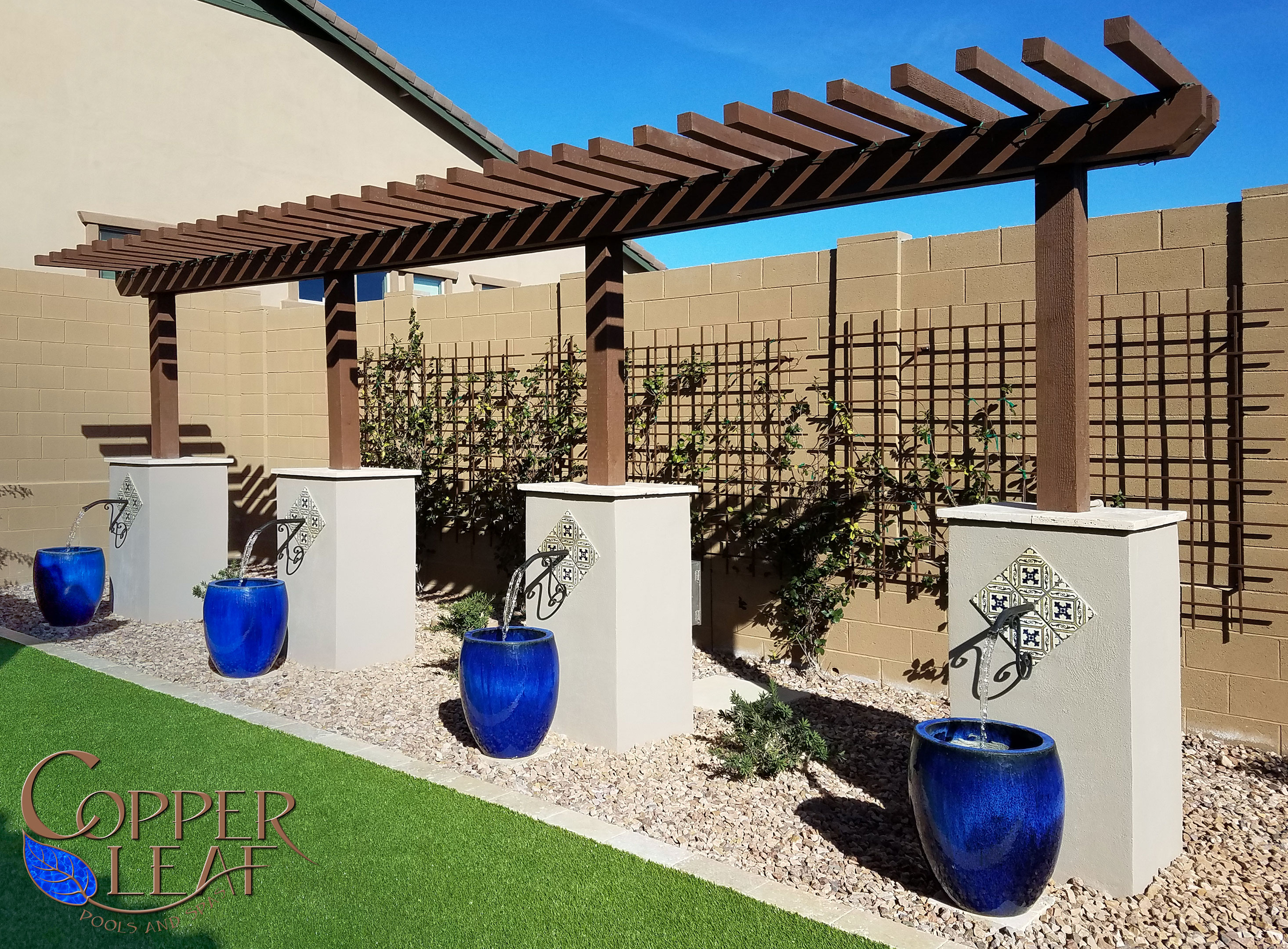 Custom Pergola Fountain in Scottsdale, AZ Copper Leaf Pools